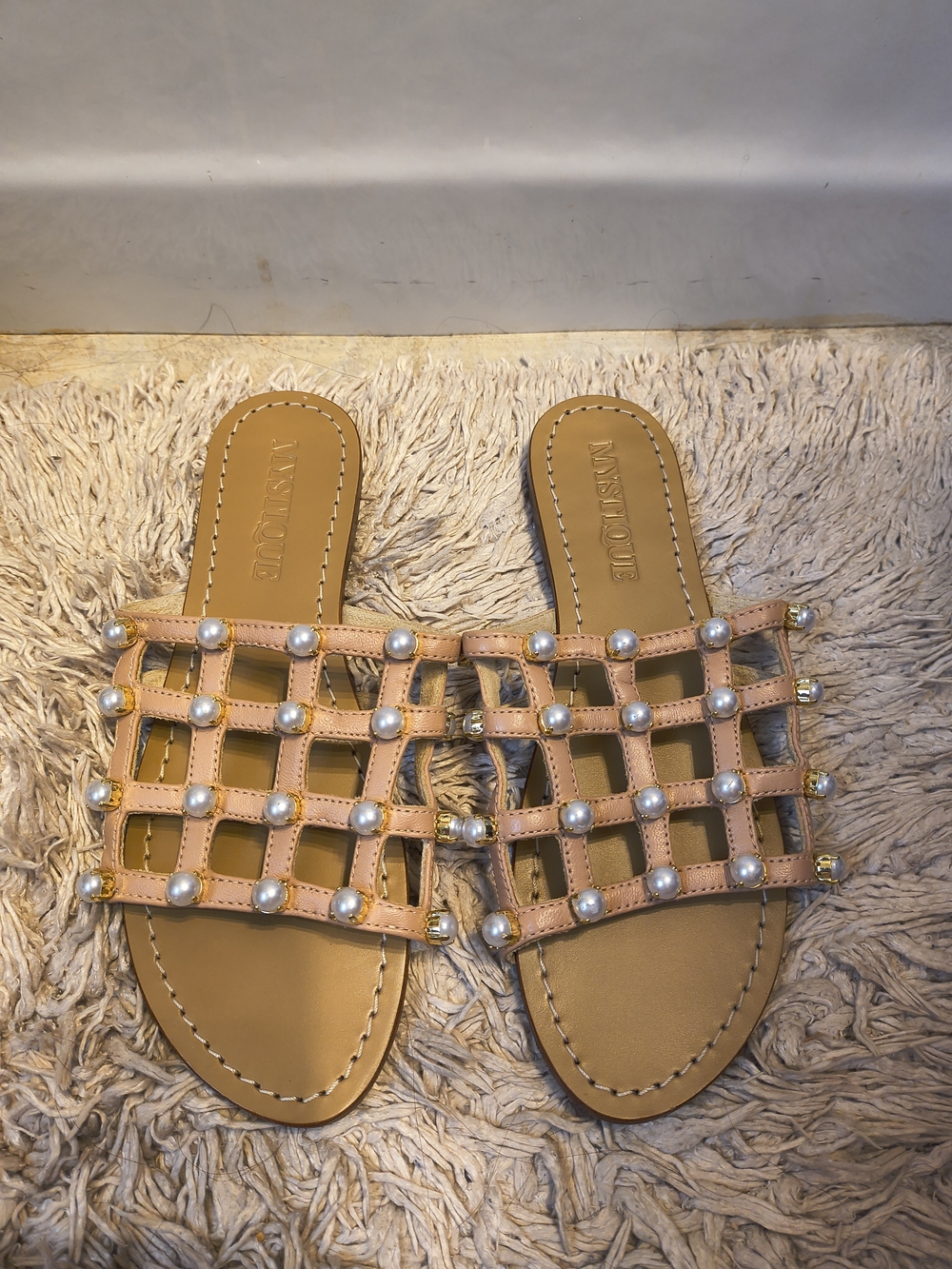 Mystique Boutique Tan Lattice Slide Sandals with Pearl Studs Size 8